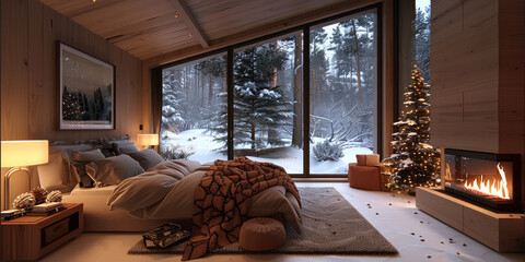 A double-height bedroom with a large, floor-to-ceiling window on one side log cabin. Outside is a dark snow-covered landscape. The bedroom area is furnished with fireplace.