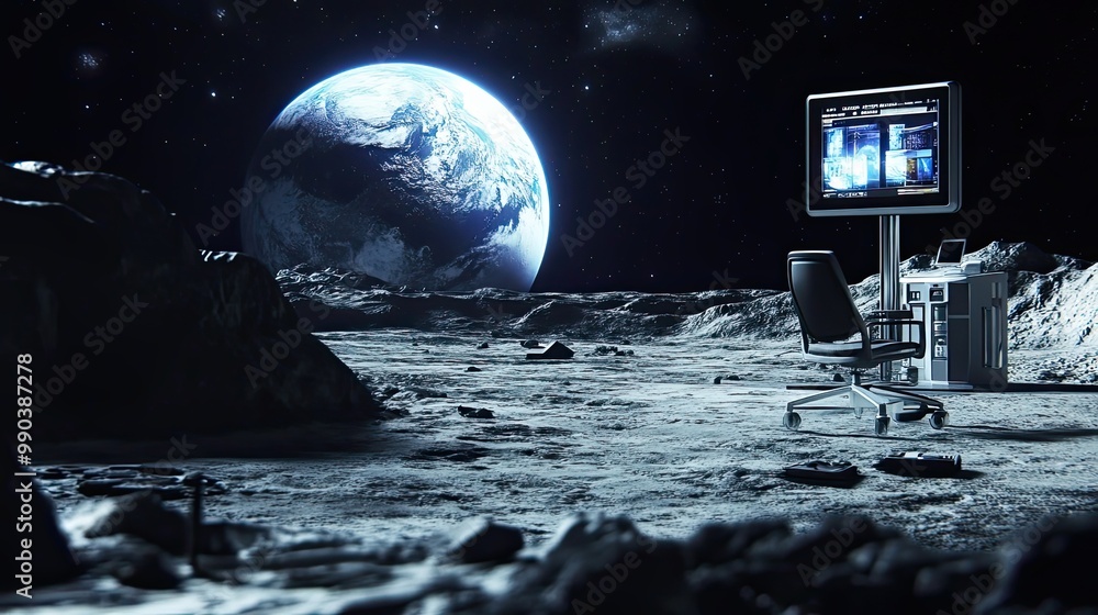 Poster a lone chair and a computer monitor sit on the moon's surface with earth in the background.