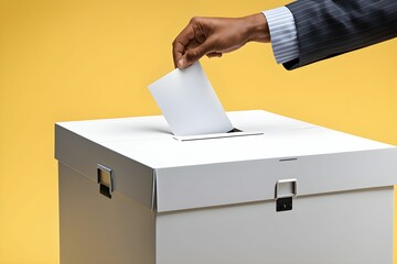 The voter holds his vote ballot paper and places it in the ballot box. Election concept