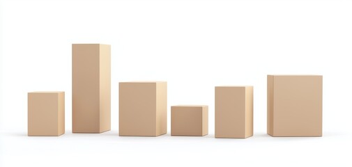 Obraz premium A group of five cardboard boxes in various sizes, minimalistic packaging design, clean and modern look, isolated on white background