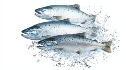 A group of fresh salmon fish mid-jump, detailed scales and water droplets, high-definition photography style, isolated on white background