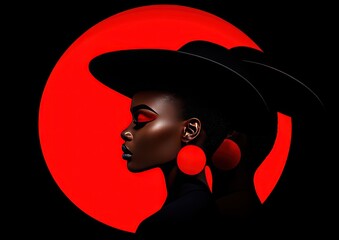 A side profile of a model with bold red makeup, oversized circular earrings, and a black wide-brimmed hat, set against a vivid red circular backdrop for a dramatic effect - AI Generated Digital Art