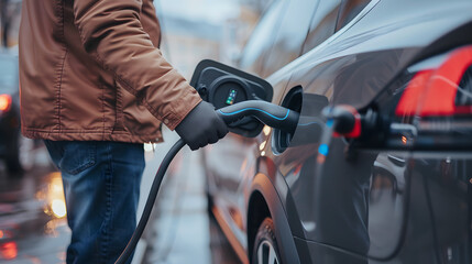 Obraz premium Man holding power supply cable at electric vehicle charging station, closeup