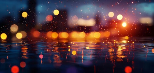 A reflection of city lights shimmering on the surface of floodwaters at night