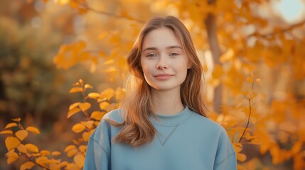 Young Woman in Stylish Blue Sweatshirt Against Autumn-Inspired Background