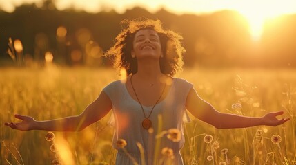 Joyful Latin American Woman Embracing Nature at Sunrise