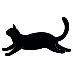 a black silhouette of a cat lying down on its back. The cat is facing towards the left side of the image 