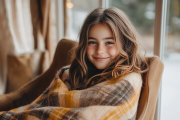 Cozy and cheerful girl enjoying winter warmth in a plaid blanket by a window