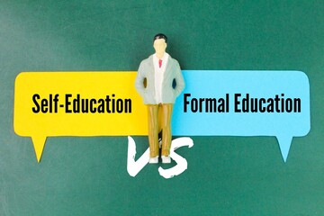 miniature people and colored paper with the words Self-Education vs. Formal Education