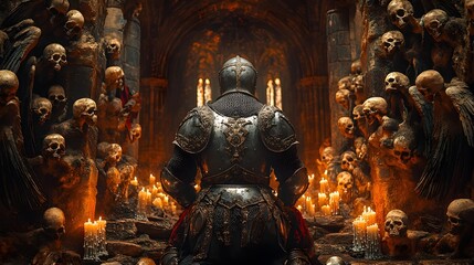 Fototapeta premium Kneeling Knight in Gothic Cathedral Surrounded by Angelic and Skeletal Figures Illuminated by Candlelight