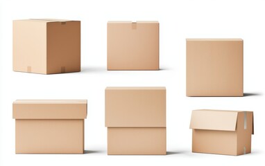 A set of brown cardboard boxes stacked, simple packaging concept, photorealistic style, isolated on white background