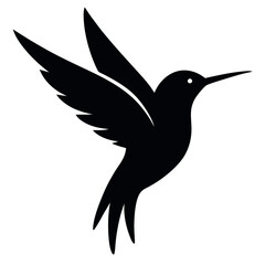 a black silhouette of a hummingbird in flight. The bird is in mid-flight, with its wings spread wide and its body slightly tilted upwards