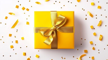 Naklejka premium A square gift box wrapped with gold ribbon, clean and modern packaging design, flat illustration style, isolated on white background