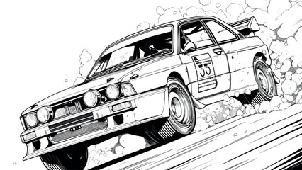 High-Speed Sport Rally Car Coloring Book Page Dynamic Rally Illustration Fast Action Scene Fun Racing Drawing for Children Exciting Vehicle Art Page