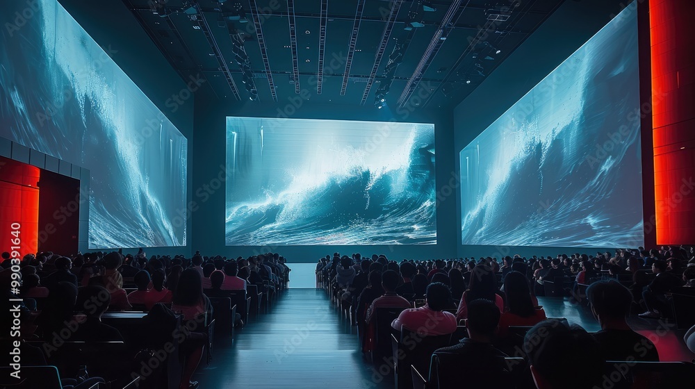 Poster A large theater with all white walls using projectors as backgrounds. The images from the projector are on all 4 walls so both the stage and the audience is surrounded.