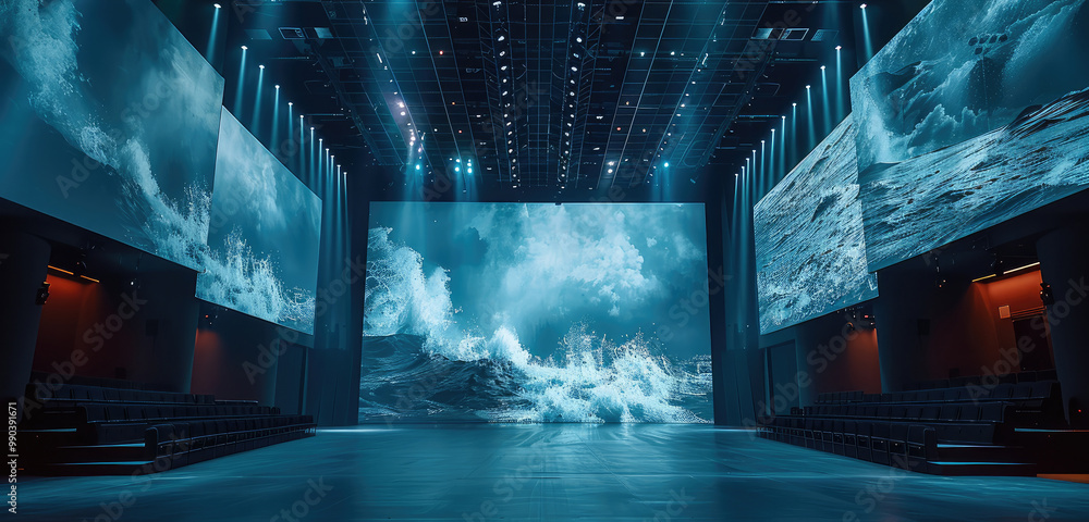 Aufkleber A large theater with all white walls using projectors as backgrounds. The images from the projector are on all 4 walls so both the stage and the audience is surrounded.