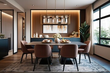 Stylish Cozy Modern Dining Room 3D Render Ideal for Home Decor Inspiration