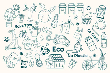 Set outline doodle ecology elements letterings elements