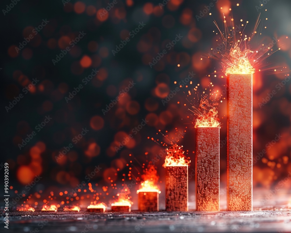 Poster financial bar graph with an explosion of red at the top, risk of investment failure, dark background