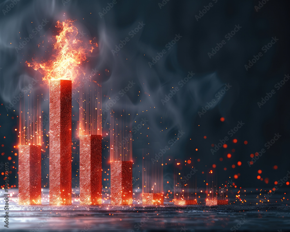 Poster financial bar graph with an explosion of red at the top, risk of investment failure, dark background