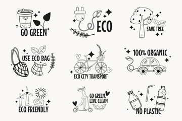 Set outline doodle ecology bio letterings elements