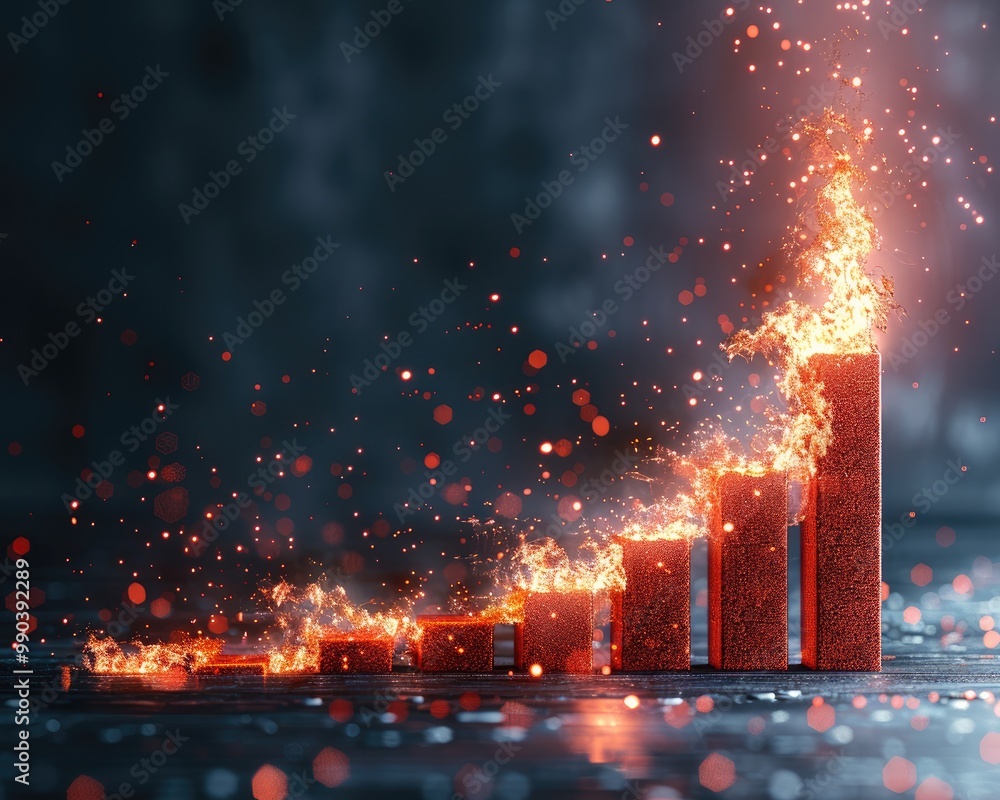 Poster financial bar graph with an explosion of red at the top, risk of investment failure, dark background