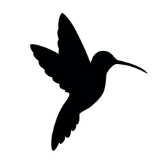 a black silhouette of a hummingbird in flight. The bird is in mid-flight, with its wings spread wide and its body slightly tilted upwards