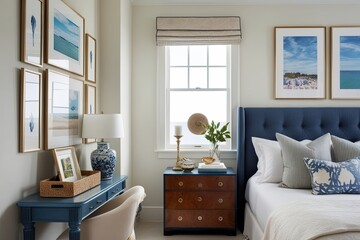 Chic Coastal Bedroom Corner with Frame Display and Luxury Decor