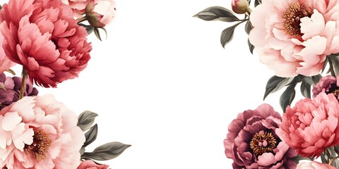 A floral border featuring pink and red peonies, creating a vibrant frame against a white background.