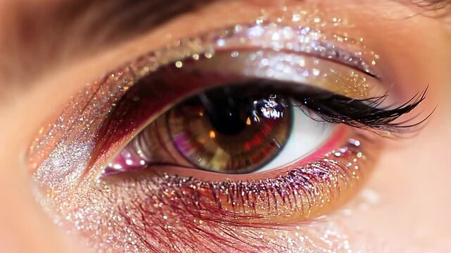 A striking close-up of an eye features metallic shades and elegant glitter, highlighting the artistry of creative makeup used for a vibrant look