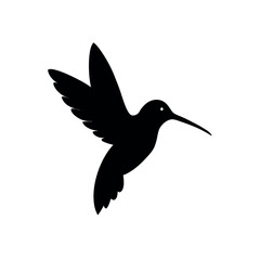 a black silhouette of a hummingbird in flight. The bird is in mid-flight, with its wings spread wide and its body slightly tilted upwards