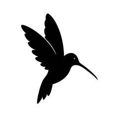 a black silhouette of a hummingbird in flight. The bird is in mid-flight, with its wings spread wide and its body slightly tilted upwards
