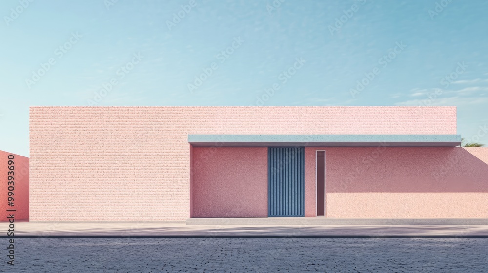 Poster 3d architectural rendering in clay of a soft pink building with a gray brick fade and blue roof. the
