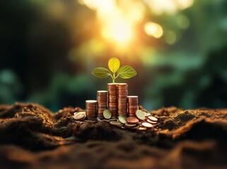 A green sprout grows from a stack of coins, signifying growth and prosperity.
