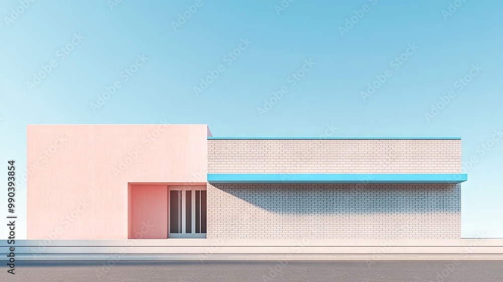 Poster 3d architectural rendering in clay of a soft pink building with a gray brick fade and blue roof. the