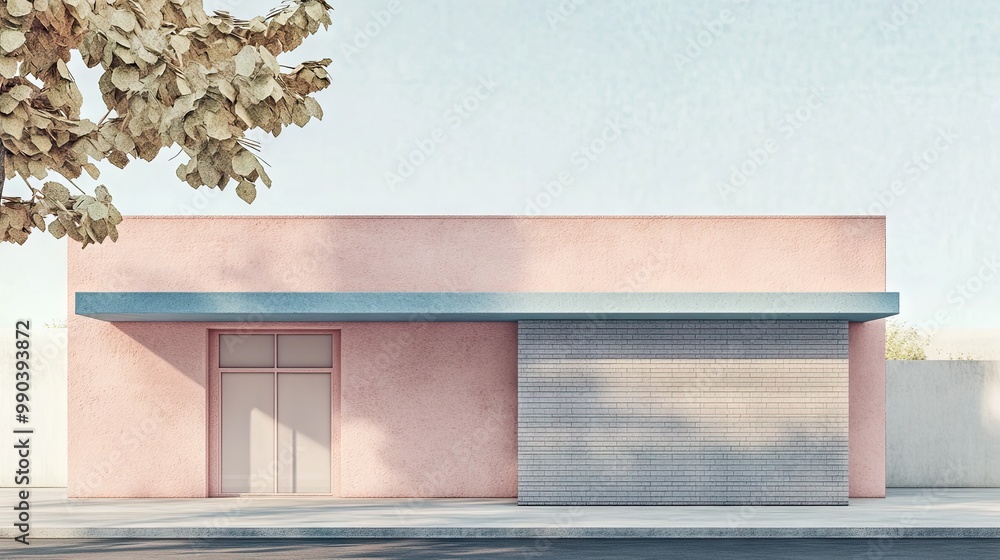 Poster 3d architectural rendering in clay of a soft pink building with a gray brick fade and blue roof. the