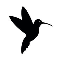 a black silhouette of a hummingbird in flight. The bird is in mid-flight, with its wings spread wide and its body slightly tilted upwards