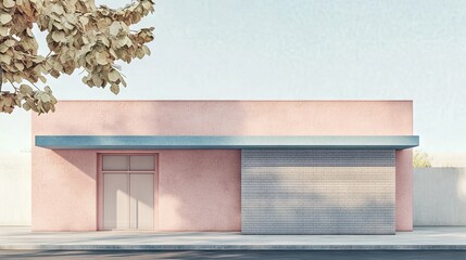 3D architectural rendering in clay of a soft pink building with a gray brick fade and blue roof. The minimalist, symmetrical design emphasizes simplicity.