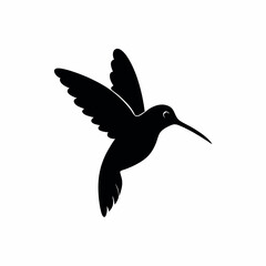a black silhouette of a hummingbird in flight. The bird is in mid-flight, with its wings spread wide and its body slightly tilted upwards