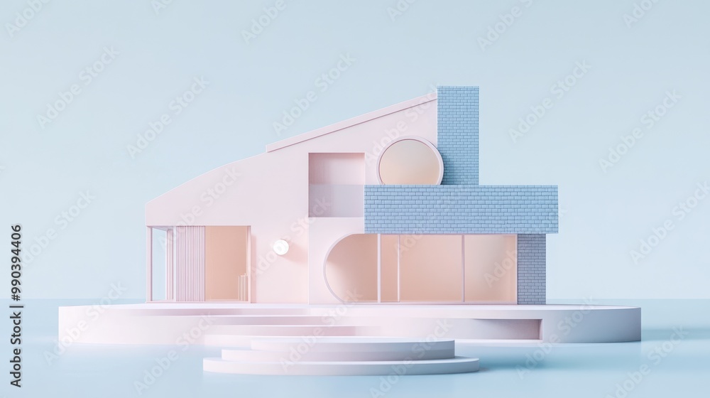 Poster 3d clay-rendered building in soft pink with minimalist architecture. gray brick fade contrasts with 
