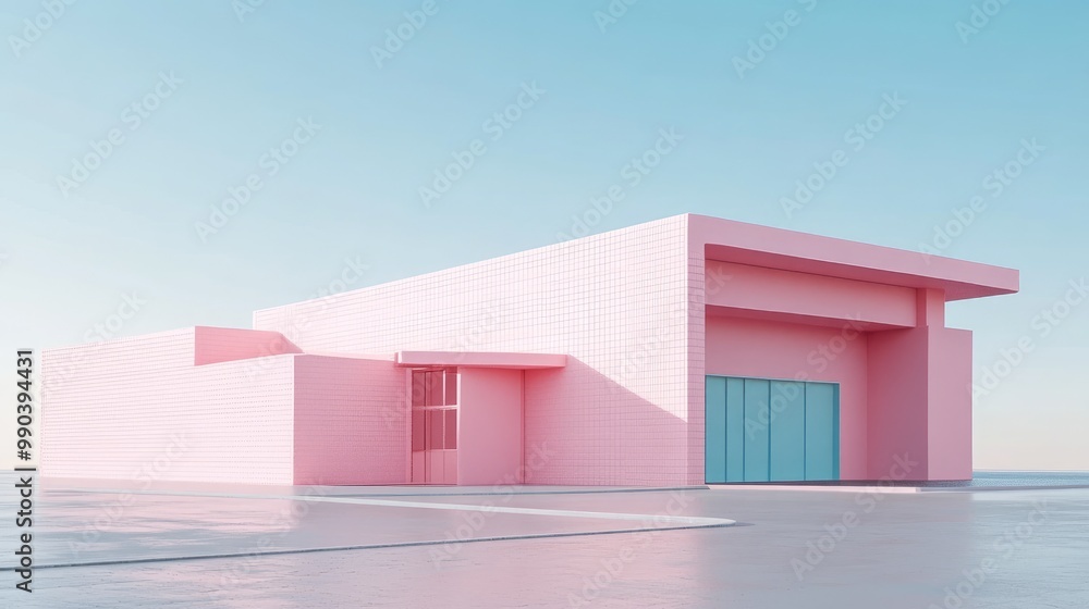 Poster 3d clay-rendered building in soft pink with minimalist architecture. gray brick fade contrasts with 