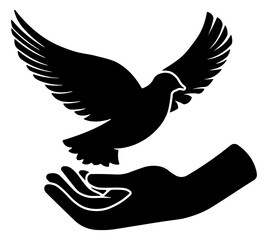 black silhouette of a dove or bird flying on hand without background