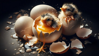 White and red chickens laying eggs, chicks, and egg-based breakfasts.