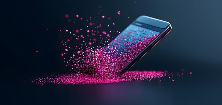A sleek smartphone appears to release a burst of pink particles, captivating the viewer's imagination, evoking emotions of excitement and creativity. Background is dark. Digital Wallet