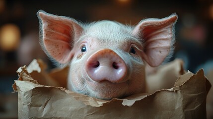 A cute piglet peeking out from a paper bag, showcasing its charm.