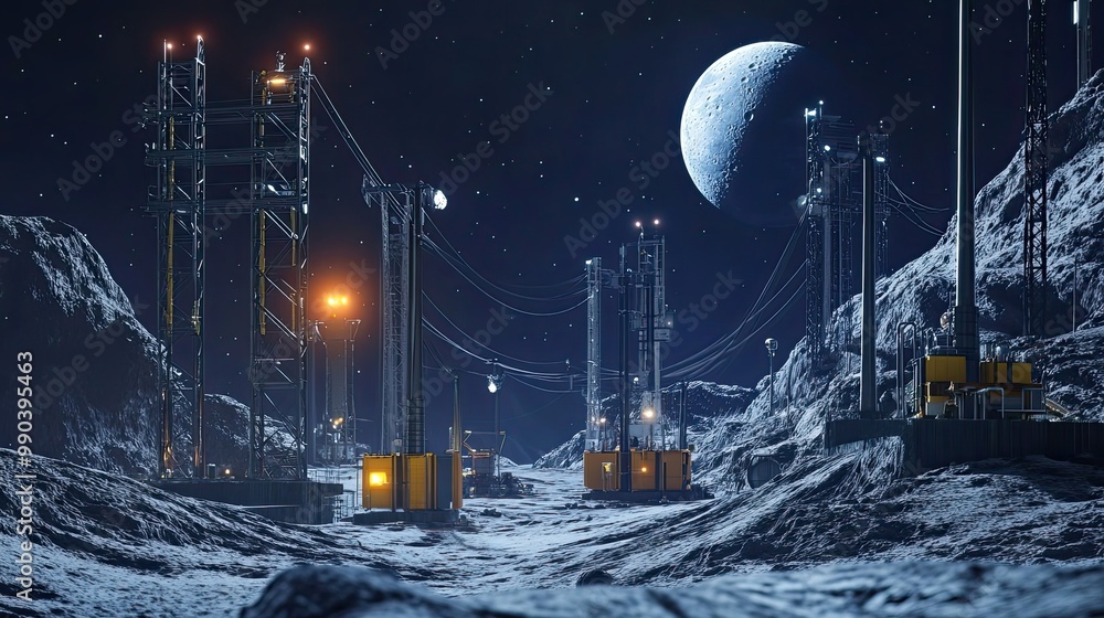 Poster lunar mining base with cranes and power lines under a crescent moon