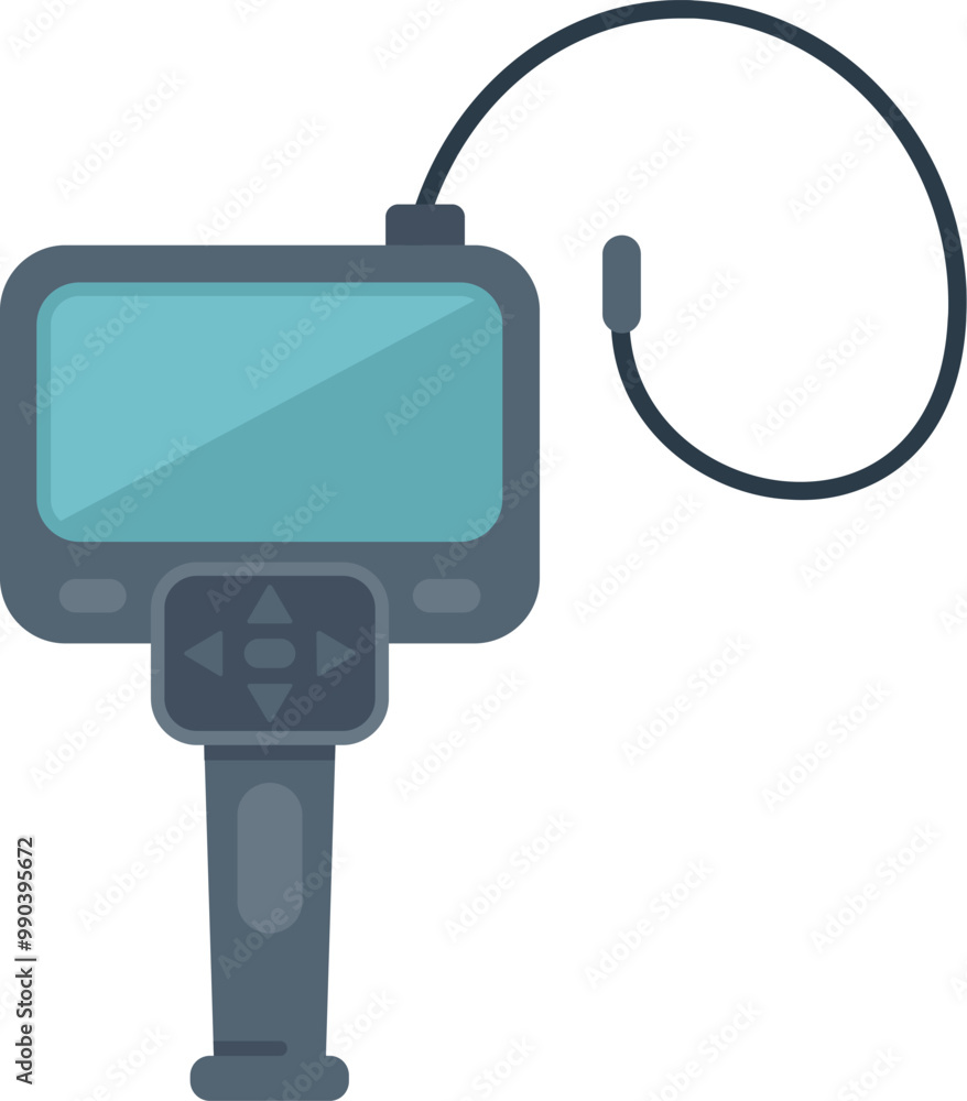 Poster professional video camera displaying empty screen recording content standing on tripod isolated on w