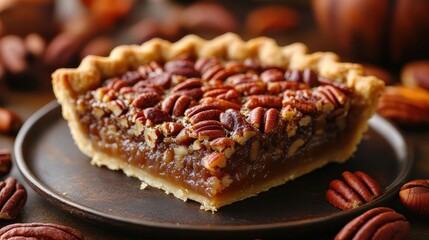 Close-up of a delicious pecan pie slice on a plate, showcasing a golden crust and rich, nutty filling, set against a rustic background.