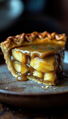 A close-up of a delicious slice of apple pie with a flaky crust and a rich caramel sauce, perfect for a cozy dessert.