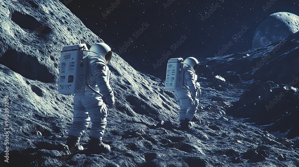 Poster two astronauts walking on a desolate lunar landscape with a distant moon in the background.